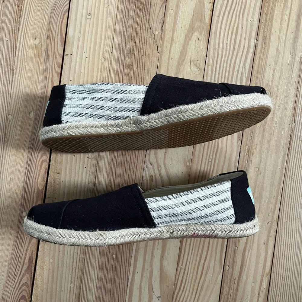 Toms Earthwise Alpargata Espadrille Black Striped Canvas Slip On Flats Women 8.5